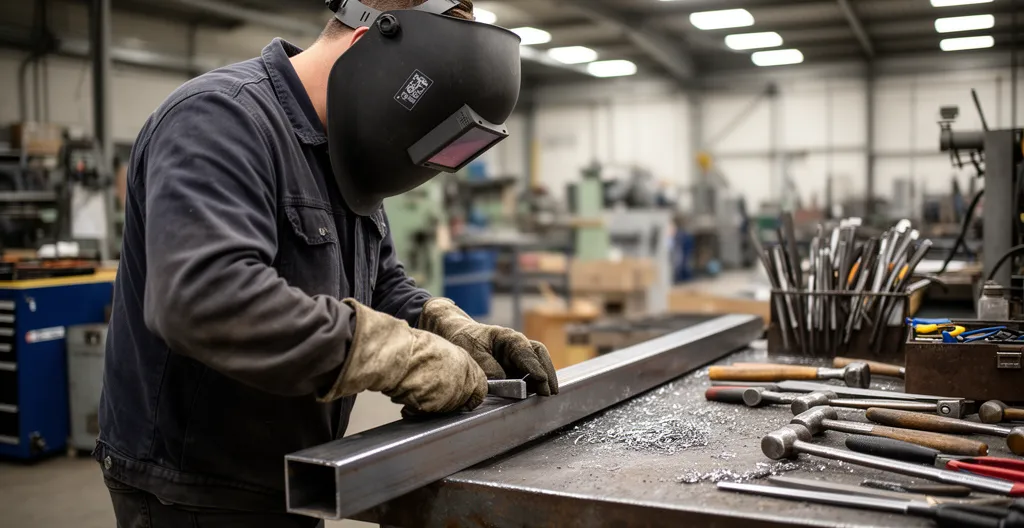 Artisan métallier travaillant sur une pièce en acier dans son atelier