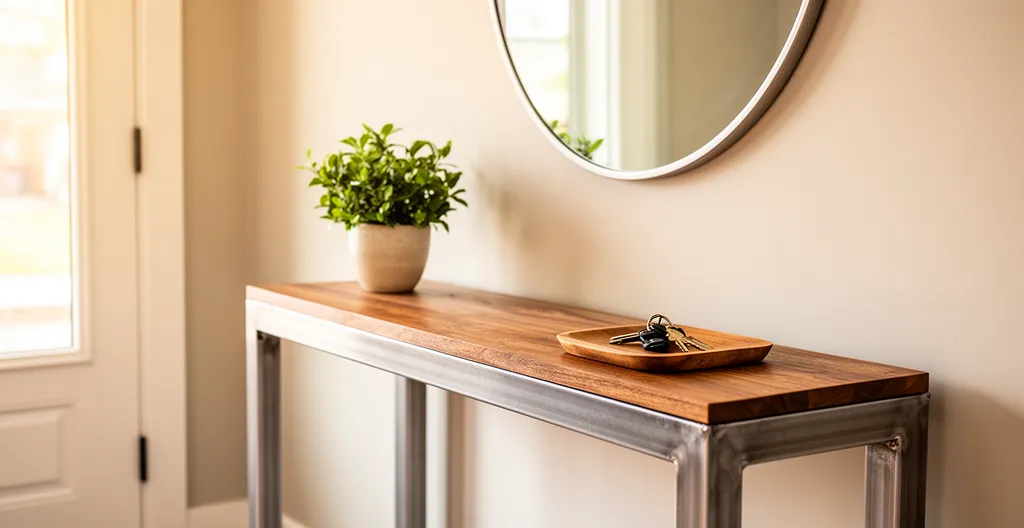 Console en acier et bois dans une entrée avec miroir rond et plante verte