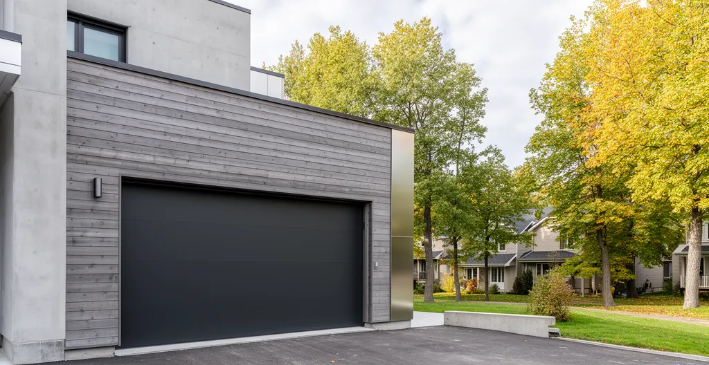 Façade de maison contemporaine québécoise avec porte de garage anthracite intégrée harmonieusement