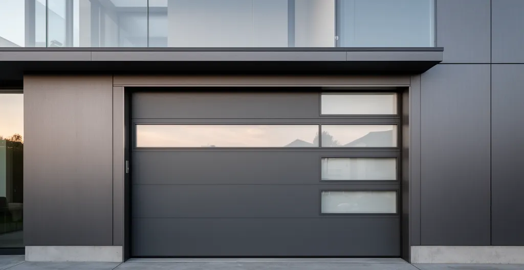 Détail d'une porte de garage sectionnelle aluminium avec insertions vitrées sur maison contemporaine