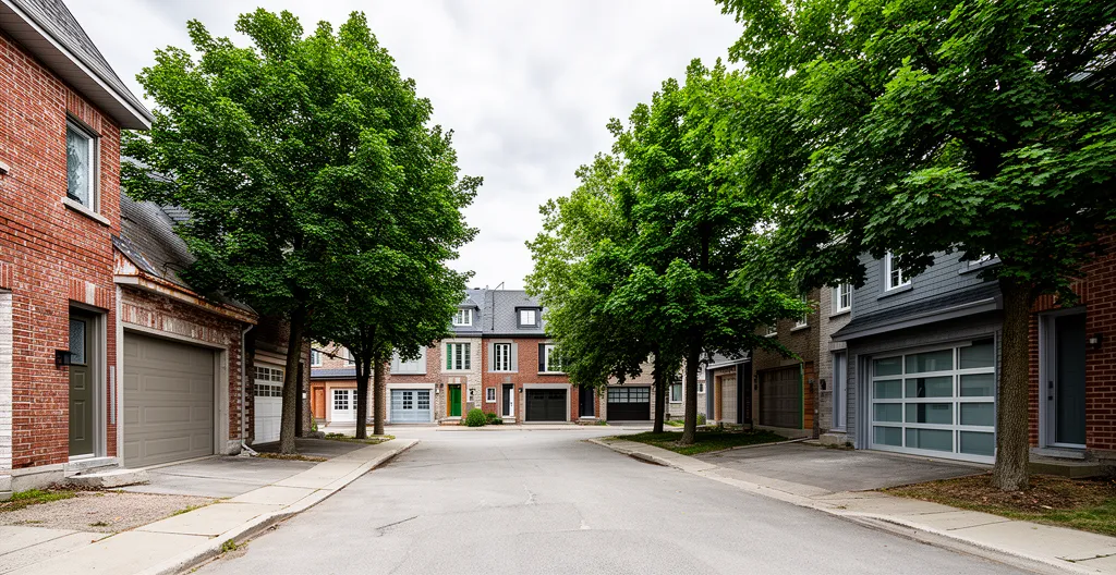 Rue résidentielle québécoise montrant plusieurs maisons avec différents styles de portes de garage