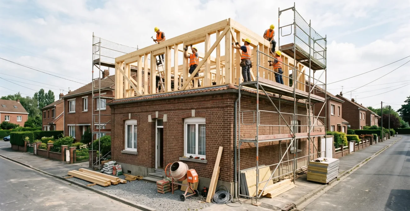 Construction site showing a wooden frame third floor being built on top of an existing two-story brick house in France