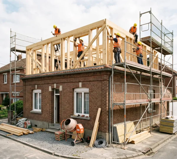 Construction site showing a wooden frame third floor being built on top of an existing two-story brick house in France