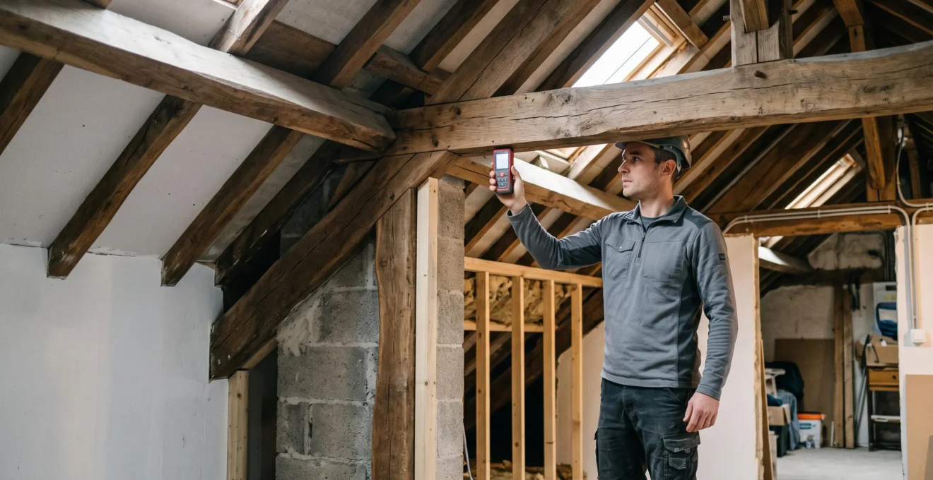 Structural engineer inspecting wooden beams in an attic space with a measuring device to assess load-bearing capacity
