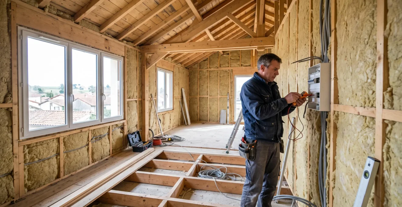 Interior of a newly built elevation floor showing unfinished walls with insulation and new windows, with a contractor inspecting electrical installations
