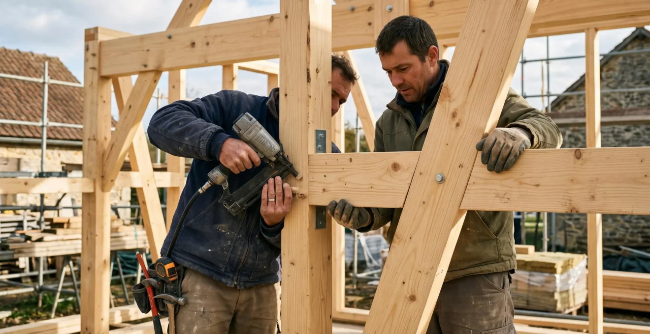 Carpenters assembling wooden frame structure on a rooftop during house elevation construction work